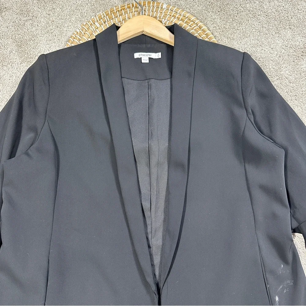 Chico’s Women’s Ruched Sleeve Blazer Open Front Lined Office in Black 2/US 12 - Picture 3 of 14